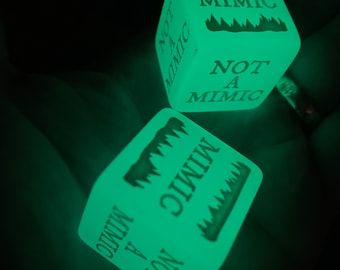 Two (2) Glow in the Dark Not a Mimic / Mimic Dice! 1" Dungeons and Dragons, Pathfinder  Dungeon Master, DM, RPG