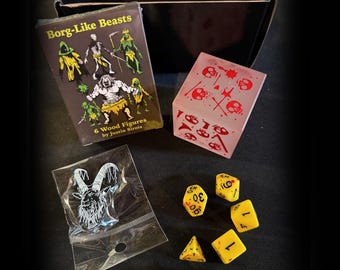 Mork Borg Mystery Box Bundle 2 with minis, dice set, enamel pin, and a miserable mystery