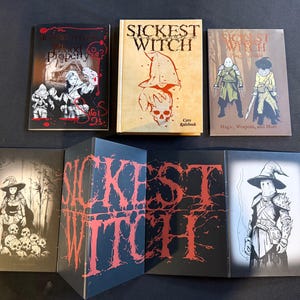 May include: A collection of fantasy books and a box set. The books feature illustrations of witches, skeletons, and warriors. The titles include "Sickest Witch" and "Blood Property." The box set displays the title "Sickest Witch" in large, red lettering.