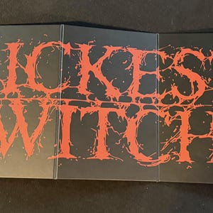 May include: A multi-panel black and white illustration with the words "Sickest Witch" in red. The panels feature drawings of a witch in a hat, skulls, and a witch in armor.