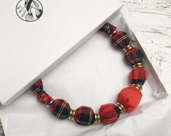 Handmade Red Necklace, Red Tartan Cotton and Silk Statement Necklace Certain to Liven up Your Favourite ‘T’ Shirt, Blouse, Sweater or Dress.
