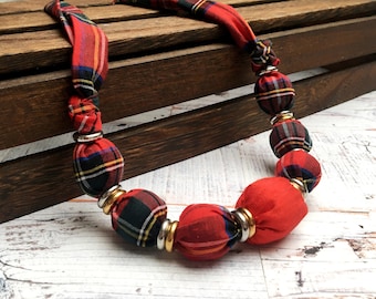 Handmade Red Necklace, Red Tartan Cotton and Silk Statement Necklace Certain to Liven up Your Favourite ‘T’ Shirt, Blouse, Sweater or Dress.