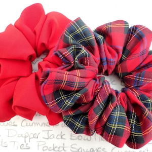 Pack Of Two Scrunchies Red Tartan And Matching Plain Red, Wear Both Together For Added Glamour
