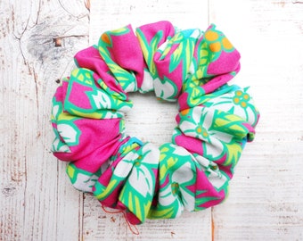 Hot Pink, Turquoise And Lime Green Floral Scrunchie, Summer Brights Scrunchies