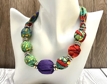 Multi Coloured Cotton and Silk Dupion Statement Necklace Certain to Liven up Your Favourite ‘T’ Shirt, Blouse, Sweater or Dress.