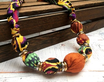 Multi Coloured Cotton and Silk Dupion Statement Necklace Certain to Liven up Your Favourite ‘T’ Shirt, Blouse, Sweater or Dress.