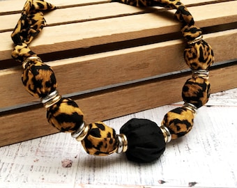 Leopard Print and Black Silk Textile Necklace Certain to Liven up Your Favourite ‘T’shirt, Blouse, Sweater or Dress.