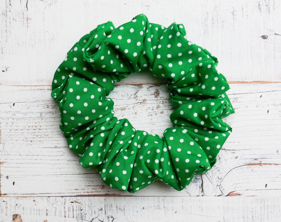 Emerald Green and White Spot Hair Scrunchie, Fashionable Emerald Green Hair Accessory, Kelly