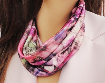 Tubular Scarf, Snood, Infinity Scarf, Neck Tube, Pink Flowers and Feathers Print Scarf