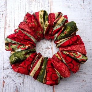 Christmas Print Scrunchie, Red And Green And Gold Patterned Scrunchie