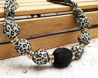 Handmade Black Necklace, Bead and Textile Necklace, Pale Grey Leopard Print and Black Silk with Gold and Silver Beads and Clasp Necklace