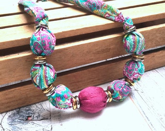 Handmade Pink Silk and Jade Cotton Lawn Statement Necklace Certain to Liven up Your Favourite ‘T’shirt, Blouse, Sweater or Dress.