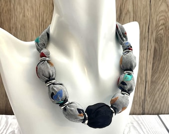 Silver/Grey Textile Necklace, Black Silk Centre Bead, Handcrafted Necklace