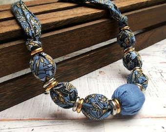 Mothers Day Gift, Blue Cotton Poplin and Silk Statement Necklace Certain to Liven up Your Favourite ‘T’shirt, Blouse, Sweater or Dress.