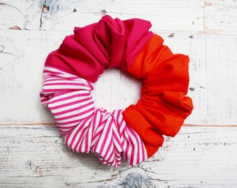 Hot Pink, Tangerine and Pink and White Stripe Block Colour Hair Scrunchie