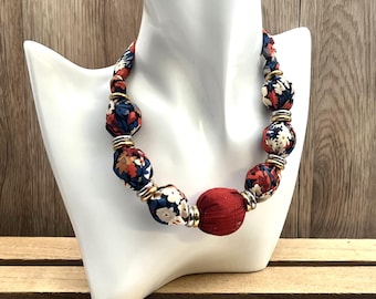Liberty Print Cotton Lawn and Rust Silk  Statement Necklace, Certain to Liven up Your Favourite ‘T’shirt, Blouse, Sweater or Dress.