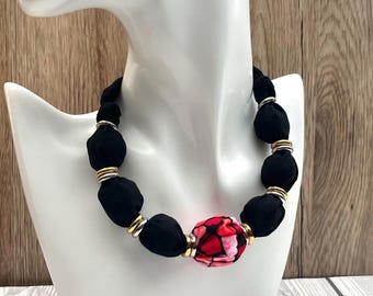 Black Necklace with Red Heart Print Centre Bead.  Valentines Textile Handcrafted Necklace