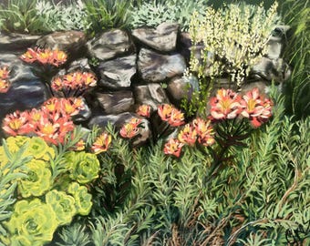 Fleurs et pierres, peinture originale au pastel représentant un jardin à St Michaels Mount, en Cornouailles.