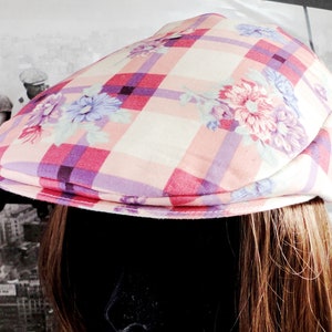 Lilac And Pink Check and Floral Print Flat Cap With A Baseball Adjustable Back For A Perfect Fit