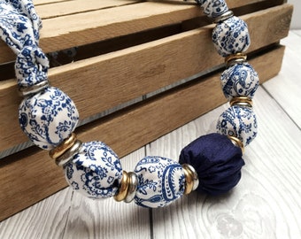 Handmade Blue and White Paisley Print Statement Necklace, Certain to Liven up Your Favourite ‘T’shirt, Blouse, Sweater or Dress.