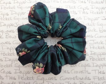 Green And Navy Check With Pink Roses Hair Scrunchie, Gifts For Girls