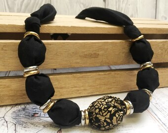 Black Necklace, Black and Gold Wooden Bead and Textile Handcrafted Necklace