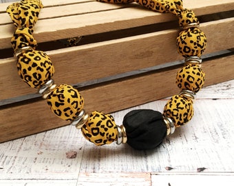Silk and Mustard and Black Leopard Print Statement Necklace Certain to Liven up Your Favourite ‘T’shirt, Blouse, Sweater or Dress.