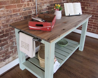 Farmhouse Kitchen Island // Butcher Block Top w/ Iron Pipe Side Handle // Distressed Wood Island // Vintage Color // Reclaimed Materials