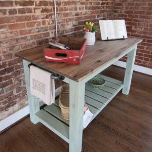 Farmhouse Kitchen Island // Butcher Block Top w/ Iron Pipe Side Handle // Distressed Wood Island // Vintage Color // Reclaimed Materials