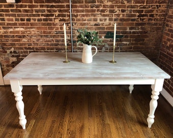 Classic Farmhouse Dining Table // Distressed Dining Table // Farm Table Turned Legs // Family Style Table // White Dining Table //