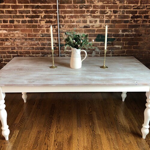 Distressed Farmhouse Dining Table: Turned Legs, Family Style, Wood