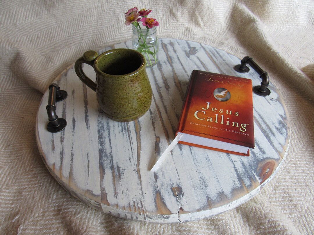 Round Farmhouse Serving Tray W/ Handles / Distressed Serving Tray
