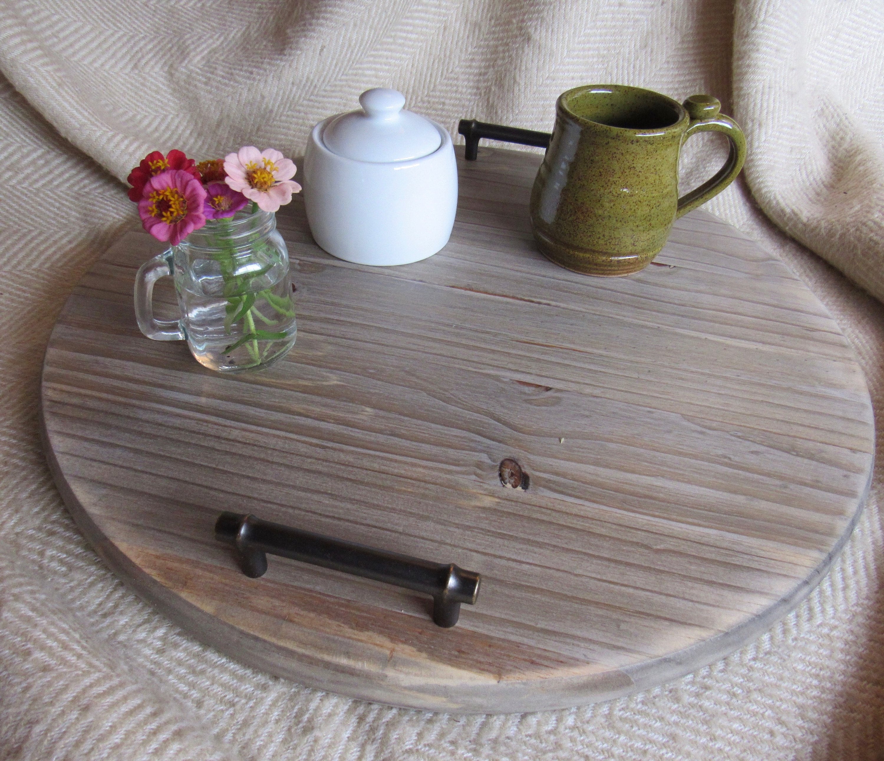 24 Inch Round Farmhouse Serving Tray W/ Handles / Distressed Etsy