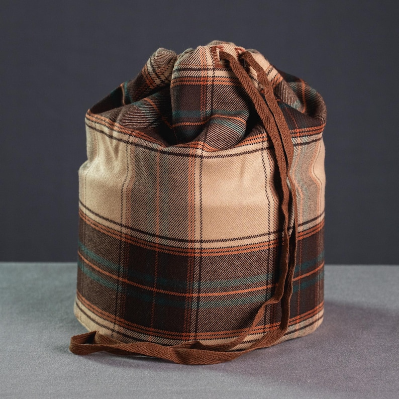 Travel fabric teaware pouch bag for matcha bowl-chawan, teapot,tea set/Outdoor picnic handbag/Handmade gift bag for ceramics for him and her Brown checkered