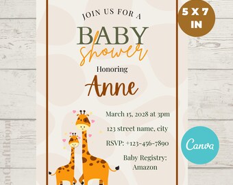 Faire-part de douche de bébé girafe modifiable, inviter Boho Safari jungle, neutre (téléchargement numérique 5 x 7)