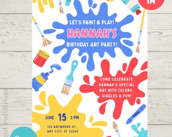 Invitation fête d'art pour enfants | Éclaboussure de couleur | Modèle de toile modifiable | Anniversaire coloré pour enfants | DIY imprimable
