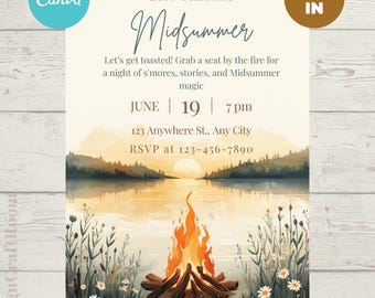 Invitation modifiable de feu de joie du milieu de l'été | Fête du solstice d'été au bord du lac | Milieu | Juhannus (téléchargement numérique)
