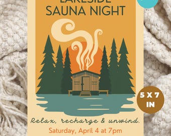 de Invitation à une soirée sauna au bord du lac | Faire-part modifiable pour une soirée sauna | Fête du week-end à la cabane | Invitation à un événement spa nordique | Sauna finlandais