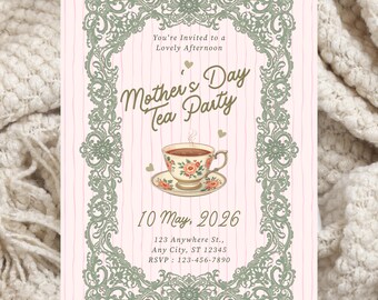 Invito per il tea party della Festa della Mamma / Invito digitale modificabile / Design vintage con tazza da tè e fiori