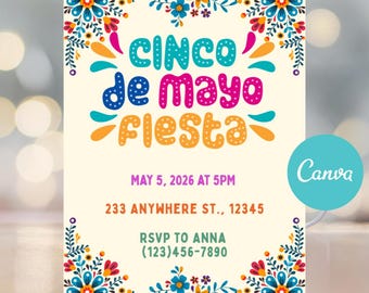 Faire-part Cinco de Mayo Fiesta, invitation florale d'anniversaire mexicaine (bricolage modifiable)