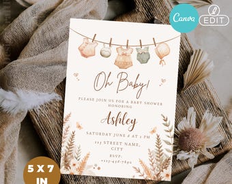 Oh Baby - Modèle d'invitation de baby shower bohème | Faire-part de fête de naissance modifiable | Fleurs aquarelles, neutres (téléchargement numérique)
