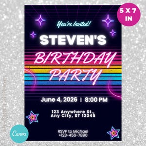 May include: A 5x7 inch invitation with a retro design. The invitation reads "You're Invited! STEVEN'S BIRTHDAY PARTY" in neon colors. The date and time are June 4, 2026, at 8:00 PM. Includes address and RSVP information.