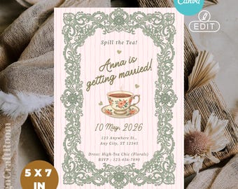 Modèle d'invitation pour enterrement de vie de jeune fille, thème « High Tea Chic », invitation pour une fête prénuptiale, tasse à thé fleurie vintage, rose et vert sauge.