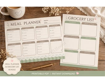 Pack Planificateur de repas et liste de courses style cottagecore | Menu hebdomadaire à imprimer | Liste de courses | Organisation de la cuisine | Télécharger le PDF