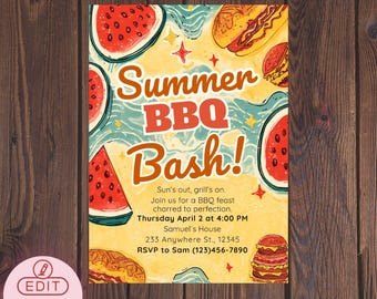 d'invitation de barbecue d'été | Invitation rétro à un repas de pastèque (téléchargement numérique)