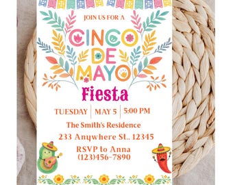 Faire-part Cinco de Mayo Fiesta, aquarelles florales, personnages à l'avocat et au piment (modèle modifiable)