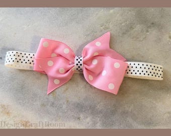 Bandeau bébé rose à pois, noeud pour cheveux bébé, bandeau élastique nouveau-né