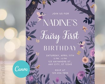Faire-part de premier anniversaire de fée, jardin floral violet fantaisiste, fête magique de la forêt (modèle modifiable)