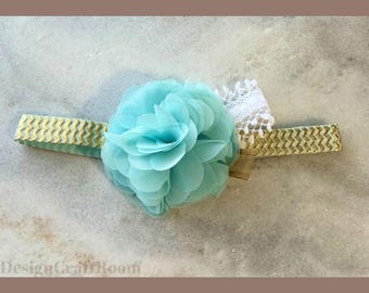 Bandeau bébé turquoise et or | Serre-tête en mousseline de soie avec fleurs pour nouveau-nés et tout-petits
