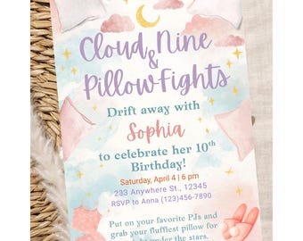 Invitation d'anniversaire de combats d'oreillers Cloud Nine, modèle pastel de soirée pyjama, rêve (téléchargement numérique)